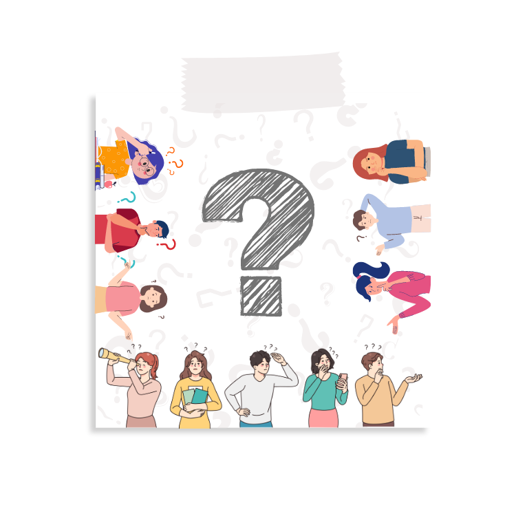 Group leadership development topic image. Image of cartoon picture of paper taped to wall with several characters all bearing curious expressions around the edges of the paper with a large question mark drawn in the center