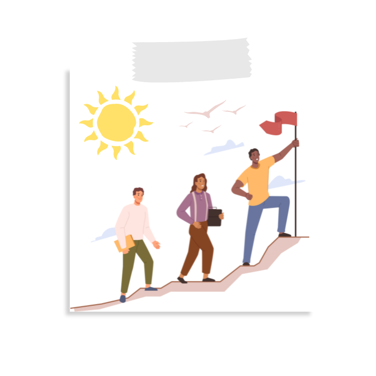 Team Development Program content image #4. Image is of Cartoon picture of paper taped to wall with 3 characters climbing uphill while character highest uphill is planting flag into hilltop