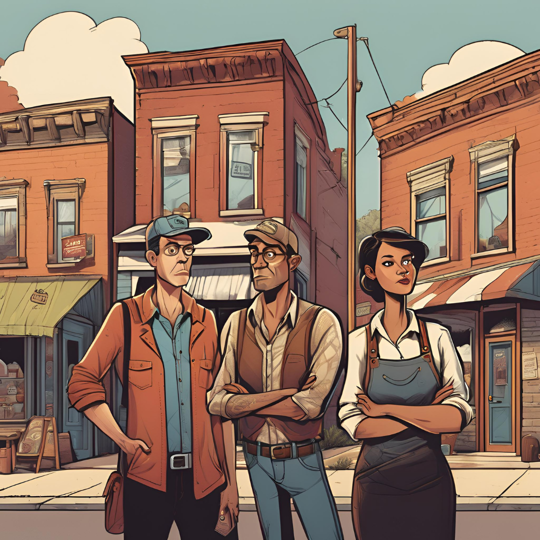 Team Development Program content image #3: Concept art image of 3 small-town business owners with curious expressions standing on street.