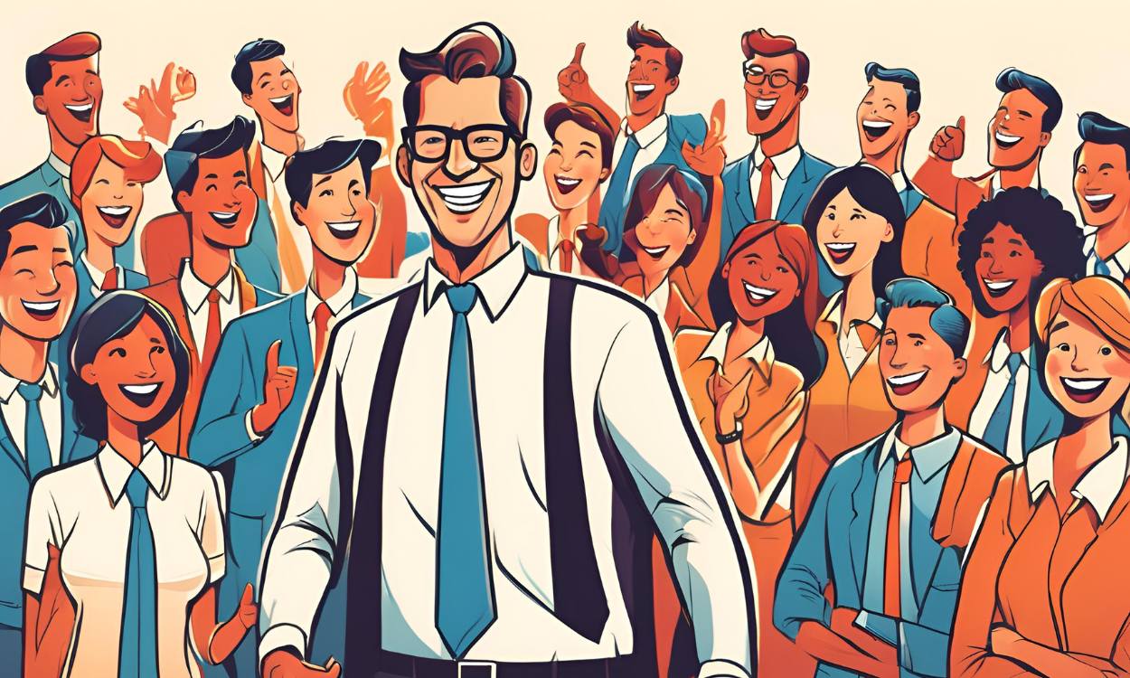 Concept art image of manager smiling confidently in front of his happy team who are all standing behind him smiling.