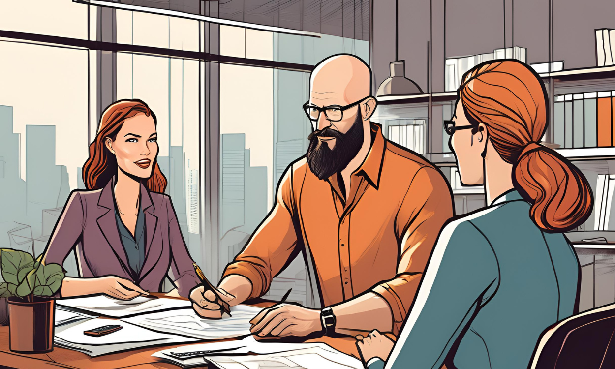 Team Development Coach services image #1: Image of bald man reviewing documents with two professionally dressed women